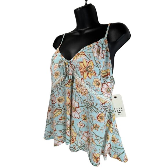 BILLABONG For You Cami Tank Top Sz L Blue Floral Crop VNeck Lace Trim Viscose - Picture 8 of 13
